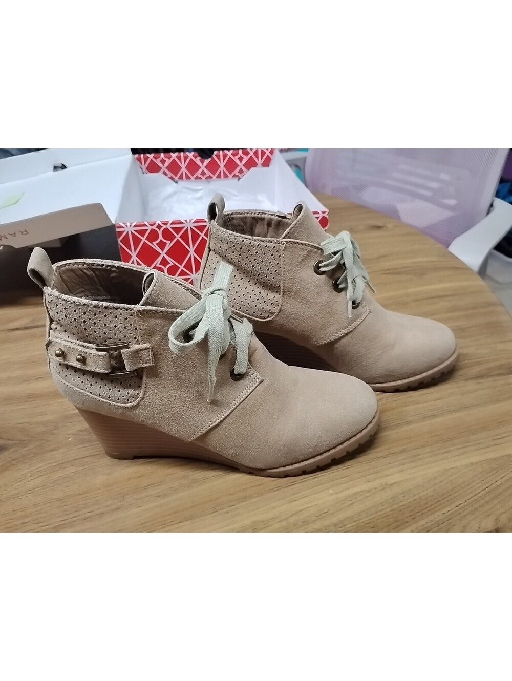 Rampage Boots Womens 6.5 M Koala Ankle Bootie Beige  Lace Up Wedge Heels HSF726